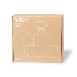 A whisky set featuring a glass decanter and two whisky tumblers in a cardboard box with a simple design.