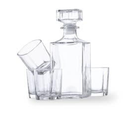 A clear glass whisky decanter set with a rectangular bottle and four accompanying tumblers.