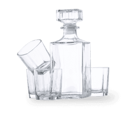 A clear glass whisky decanter set featuring a rectangular decanter and three matching tumblers.