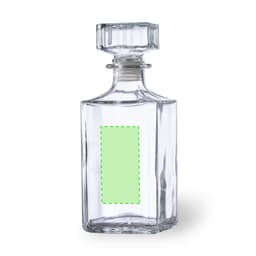 A glass whisky decanter with a square base and a round stopper, featuring an empty label area.