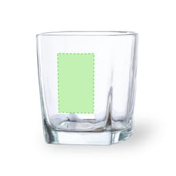A clear glass tumbler with a square base and a blank green label area.