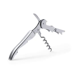 A corkscrew tool with a stainless steel finish, featuring a bottle opener and small knife. It has a logo on the handle.