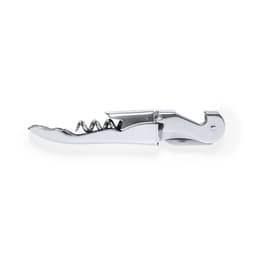 A wine corkscrew with a silver metallic finish and an integrated bottle opener, featuring a branding logo.