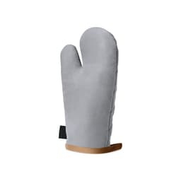 A grey oven mitt with a sturdy base and a hanging loop. It has a smooth texture and padded design.