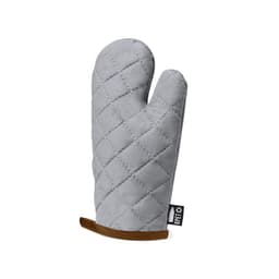 A grey oven mitt with a quilted design and a brown trim at the bottom. It features a branding tag.