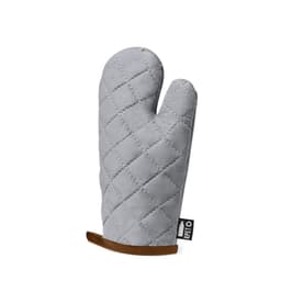 A grey quilted oven mitt with a brown leather loop. It features a black label branding.