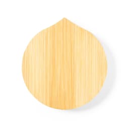 A round, light bamboo mirror with a distinctive shape and a minimalistic design. It features a branding logo.