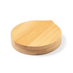 A bamboo coaster set with a leaf-shaped design, featuring a natural wood finish.