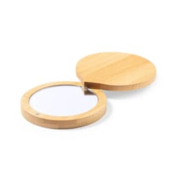 A round bamboo mirror with a wooden cover, featuring a reflective surface. The design is simple and natural.