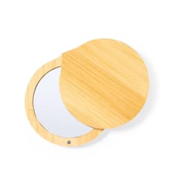 A round, bamboo mirror with a sleek, natural finish, featuring a smooth reflective surface and a small branding logo.