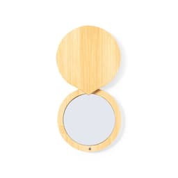 A round bamboo mirror with a circular reflective surface, featuring a simple, natural wood design.