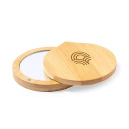 A round bamboo mirror with a wooden cover featuring a logo. The design is natural and eco-friendly.