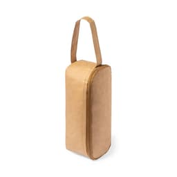 A beige thermal sandwich holder with a zip closure and a hanging handle. It features a simple design and branding logo.