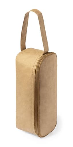 A tan thermal sandwich holder with a handle, featuring a zipper closure and a simple design.