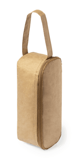 A tan thermal sandwich holder with a sturdy handle and zip closure. Features a simple design and a branding logo.