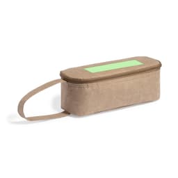 A brown thermal sandwich holder with a green label, featuring a handle for easy carrying.