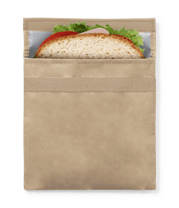 A beige thermal snacks holder displaying a sandwich with lettuce and tomato peeking out from the top.