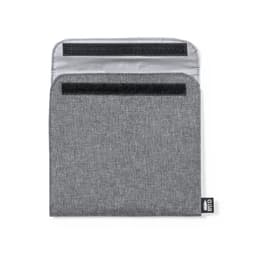 A grey lunch bag with a smooth interior, featuring a flap and Velcro closure. It has a small logo on the side.