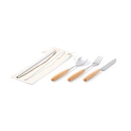 A cutlery set featuring stainless steel utensils with wooden handles, packaged in a cloth pouch.