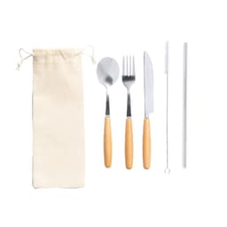 A cutlery set featuring a spoon, fork, knife, straw, cleaner, and a beige storage pouch with wooden handles.