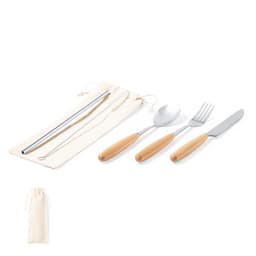 A cutlery set including a knife, fork, spoon, and a stainless steel straw, featuring wooden handles, in a cotton pouch.