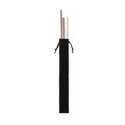 A set of metallic drinking straws in copper and silver, packaged in a black pouch with a cleaning brush.