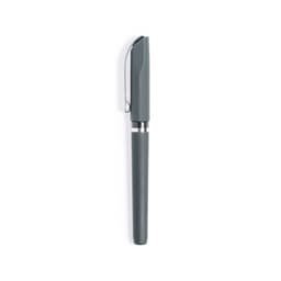 A grey pen with a sleek design and a metal clip, featuring a logo on the body.