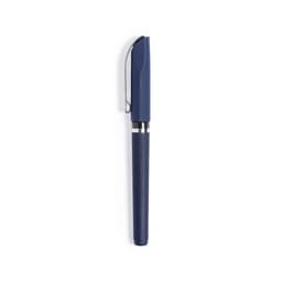 A dark blue pen with a silver clip and detailing, featuring a sleek design. The pen has a smooth finish.