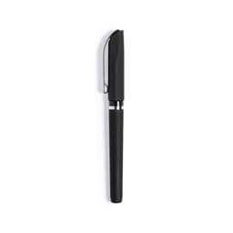A black pen with a sleek design, featuring a clip and a silver band. The pen has a matte finish.