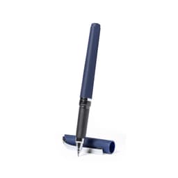 A blue pen with a sleek design, featuring a silver clip and a black grip, resting on its stand.
