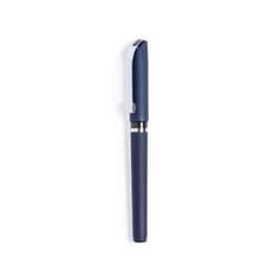 A navy blue pen with a sleek design and silver accents, featuring a clip and a cap.