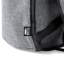 A grey cooler bag featuring a textured fabric and a logo tag on the side.