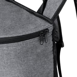 A grey cooler backpack featuring a zippered compartment and adjustable straps, with a branding logo.