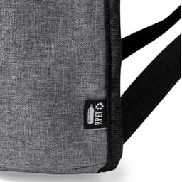 A grey cooler bag with a textured fabric, featuring adjustable straps and a logo on the side.