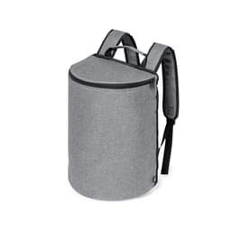 A grey backpack with a rounded top and shoulder straps, featuring a zip closure and a logo.