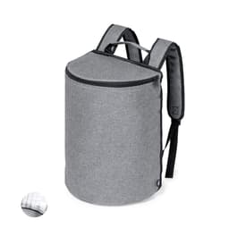 A grey cooler backpack with a zippered top, featuring shoulder straps and a simple design. It has one logo.