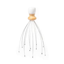 A massager with a wooden handle and metal wires, featuring a white top and black tips. It has an ergonomic design.