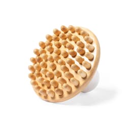 A wooden massager with rounded pins, featuring a white handle, designed for personal health use.