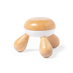 A wooden massager with a rounded top and three rounded legs, featuring a natural wood finish with a white band.