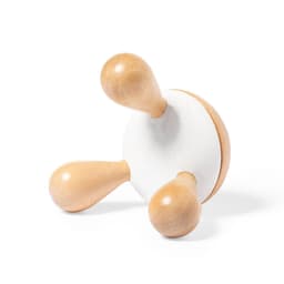 A white and wooden Tefen Massager featuring three rounded wooden knobs for therapeutic use.