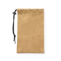 A tan drawstring pouch made of textured material, featuring a black cord for closure.