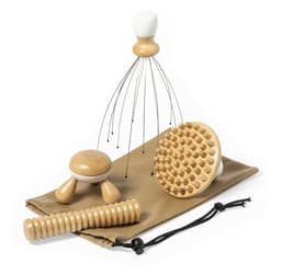 A set of wooden massage tools in various shapes, including a circular massager, a roller, and a wire massager, in a canvas pouch.