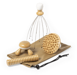 A beige pouch contains a variety of wooden massagers in different shapes and sizes.