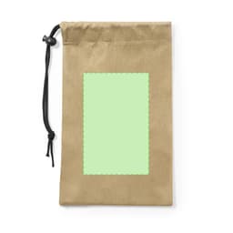 A brown drawstring pouch with a rectangular green patch in the centre and a black cord.