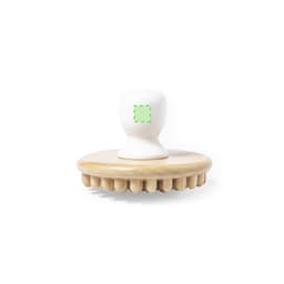 A wooden massager with a round base and a smooth, white handle, featuring multiple smaller rounded tips.