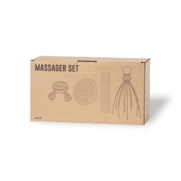 A brown box containing a massager set featuring various massage tools in different shapes and designs.