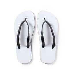 A pair of thongs featuring a white sole and black straps, with a simple design and branding.