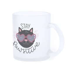 A frosted glass mug featuring a cartoon cat with heart-shaped sunglasses and a playful slogan.