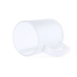 A frosted glass mug with a handle, featuring a sleek, minimalist design. It has a transparent appearance.