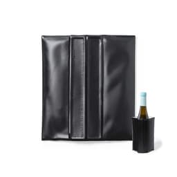 A drink bottle cooler in black, featuring a sleek design with two vertical stripes and a matching bottle holder.